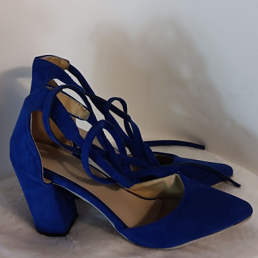 Blue Faux Suede Chunky Heel Ankle Wrap Shoes